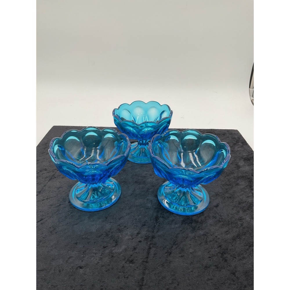 Anchor Hocking Blue Fairfield Glass Pedestal Set Of 3 Vintage Blue Glasses Dish